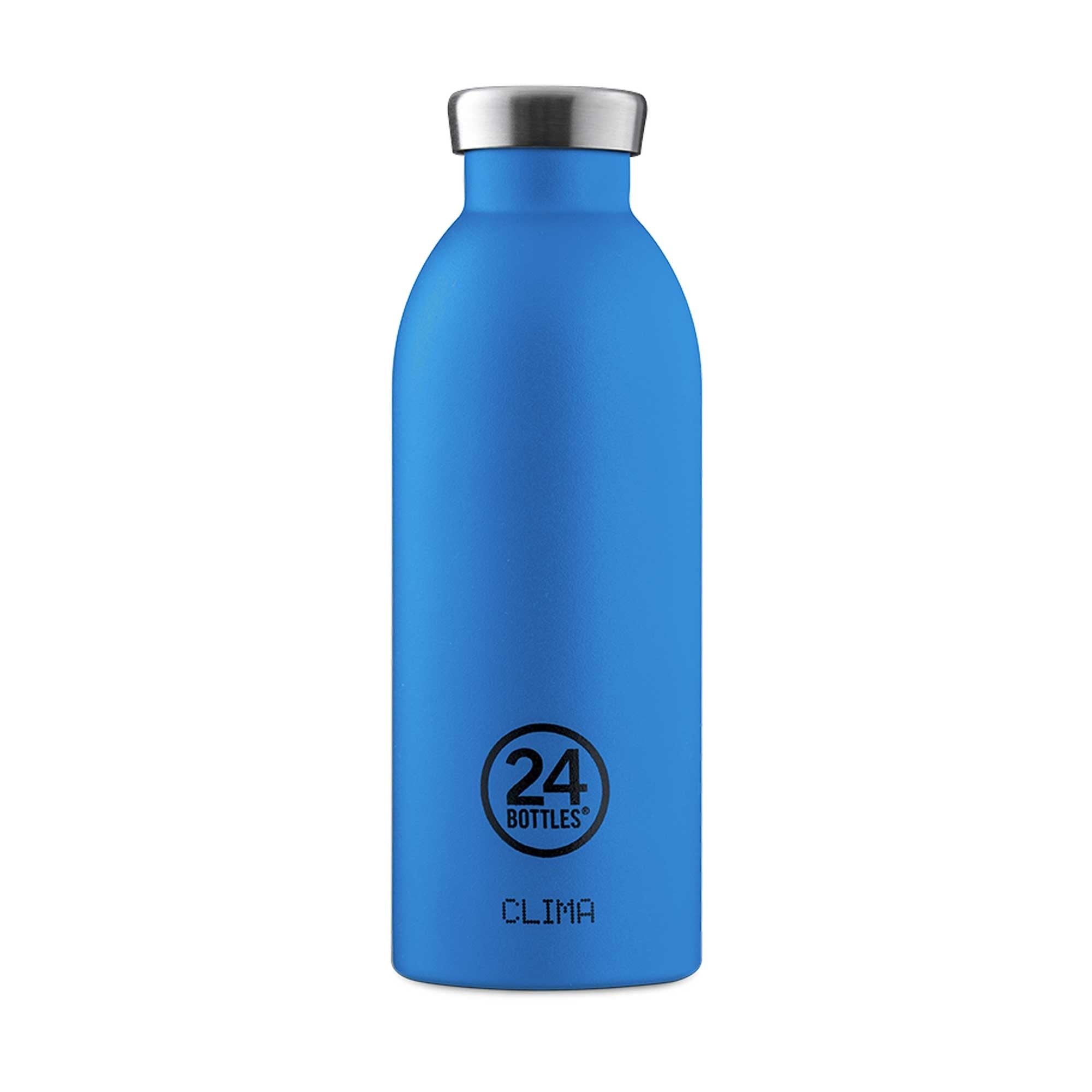 A blue 24Bottles Clima water bottle with a silver lid, against a white background.
