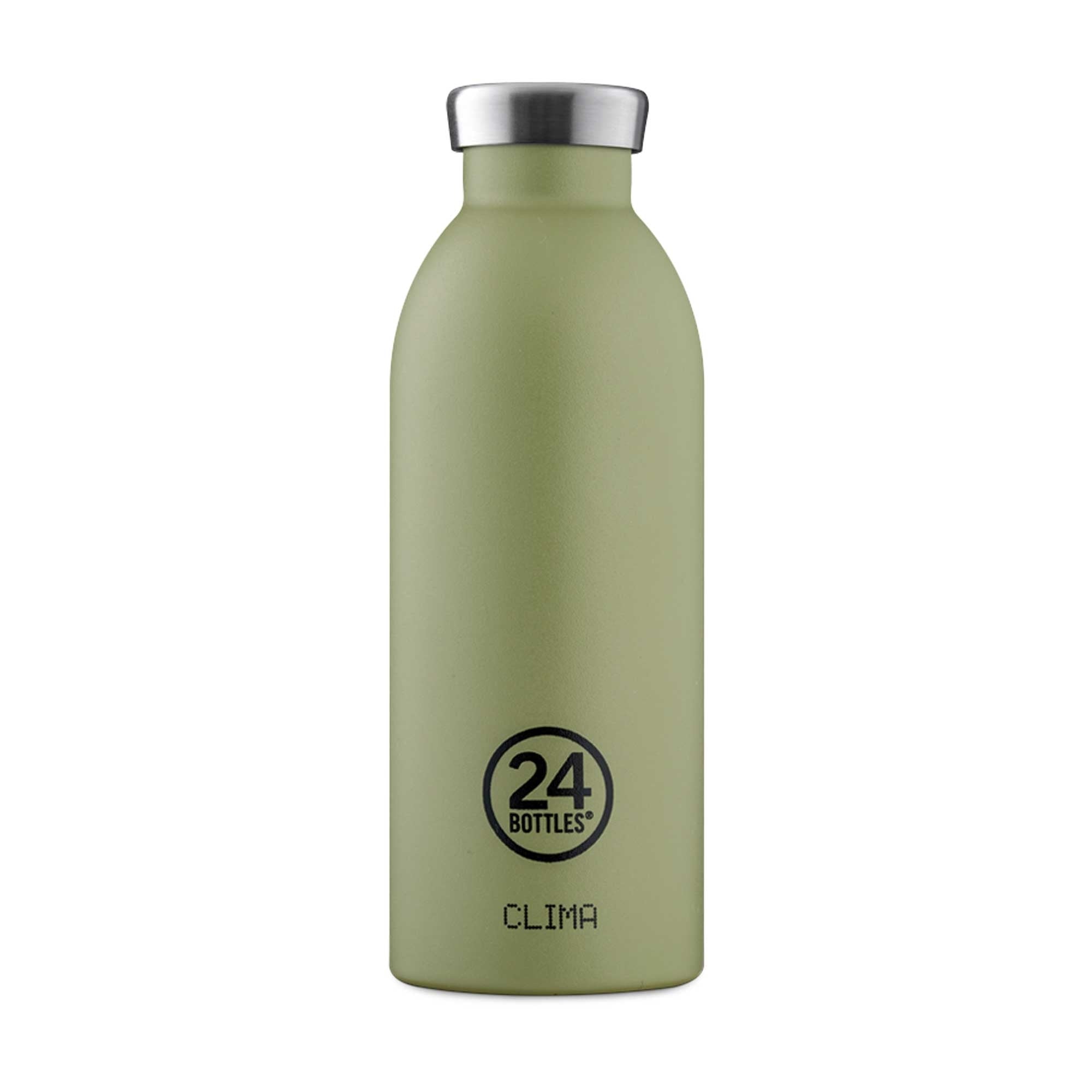A pale green 24Bottles Clima water bottle with a silver lid on a white background.