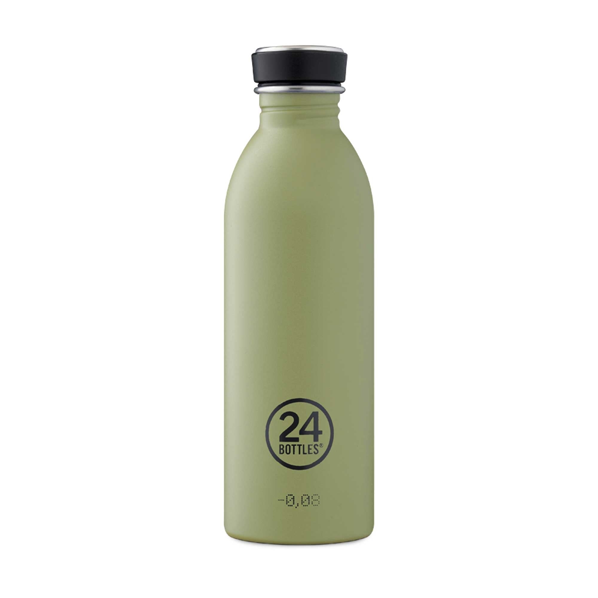 A pale green 24Bottles Clima bottle, 0.5l capacity, with a black screw-top lid.