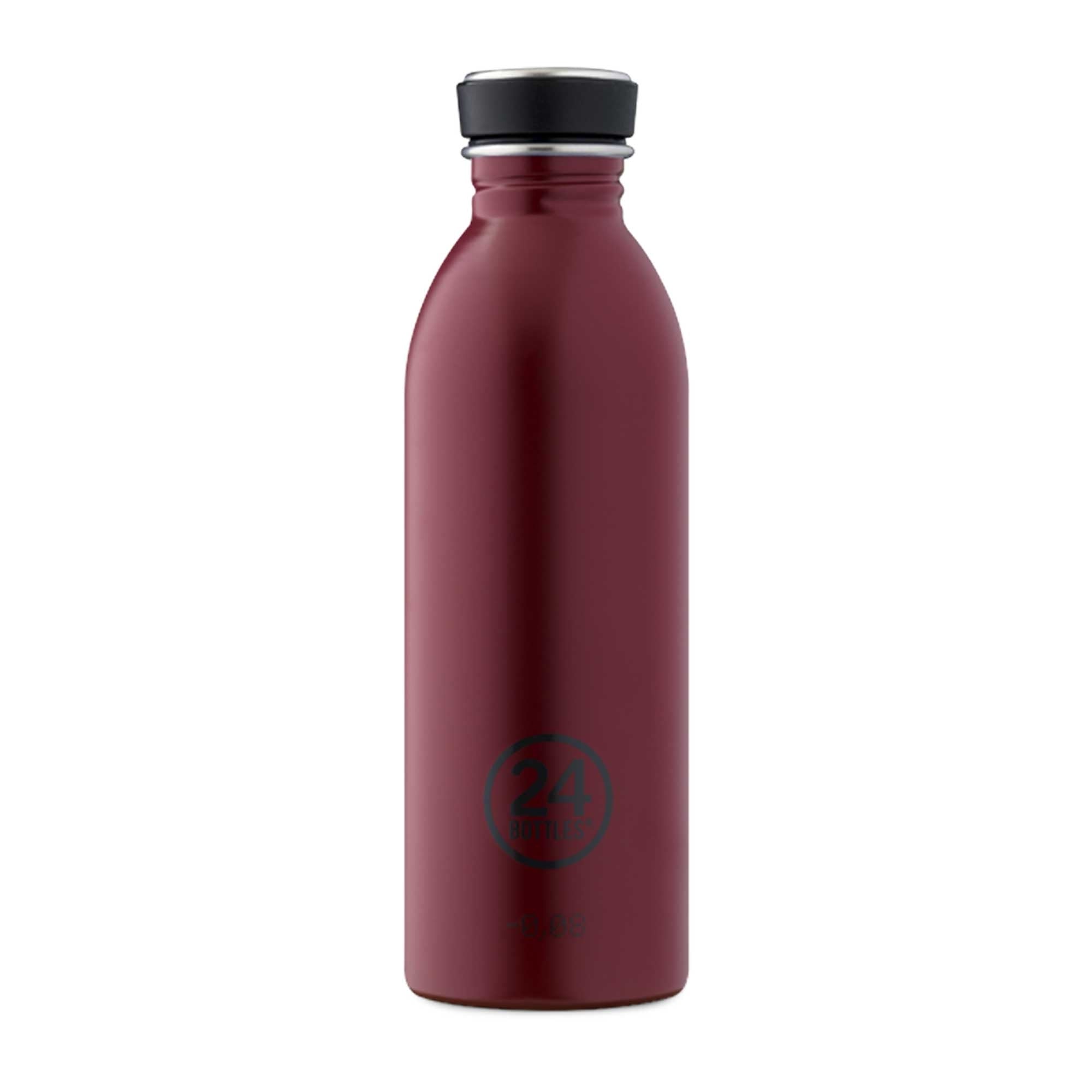 A dark red water bottle with a black lid stands upright on a white background.