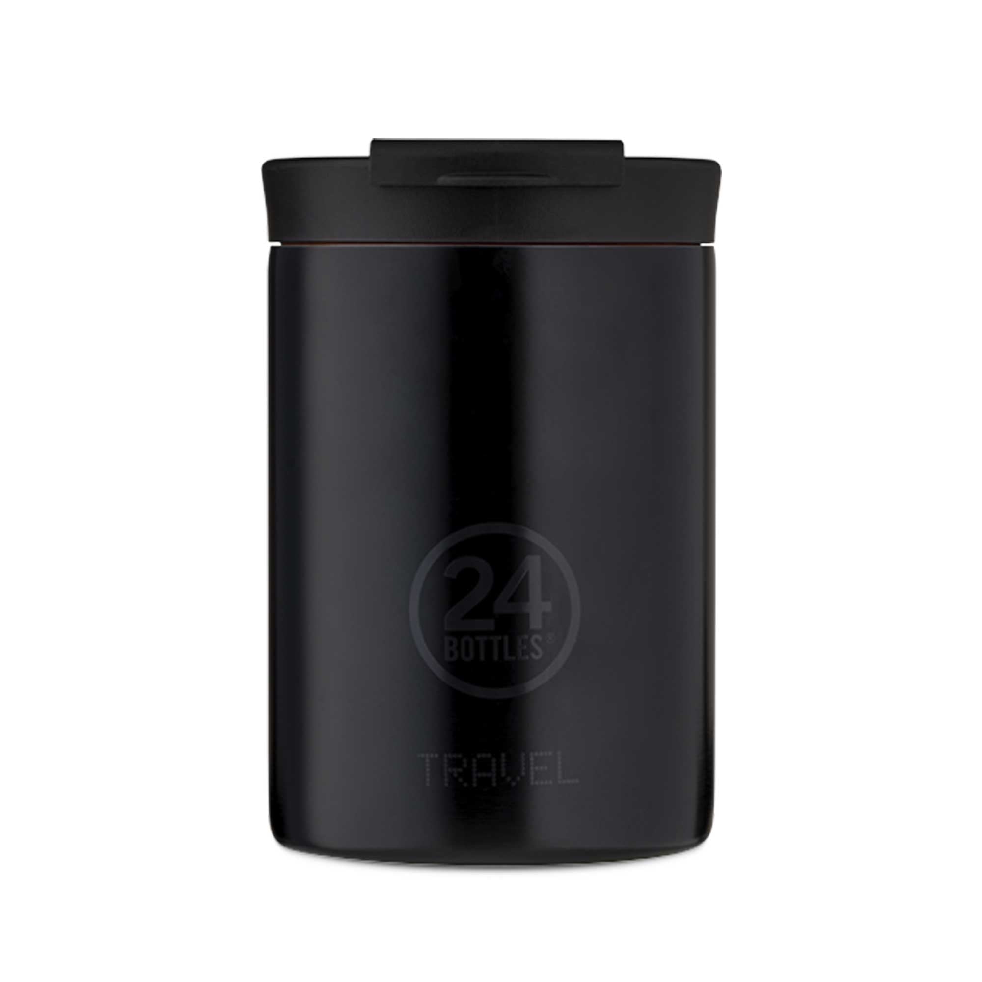 A sleek black 24Bottles Travel Tumbler on a white background.