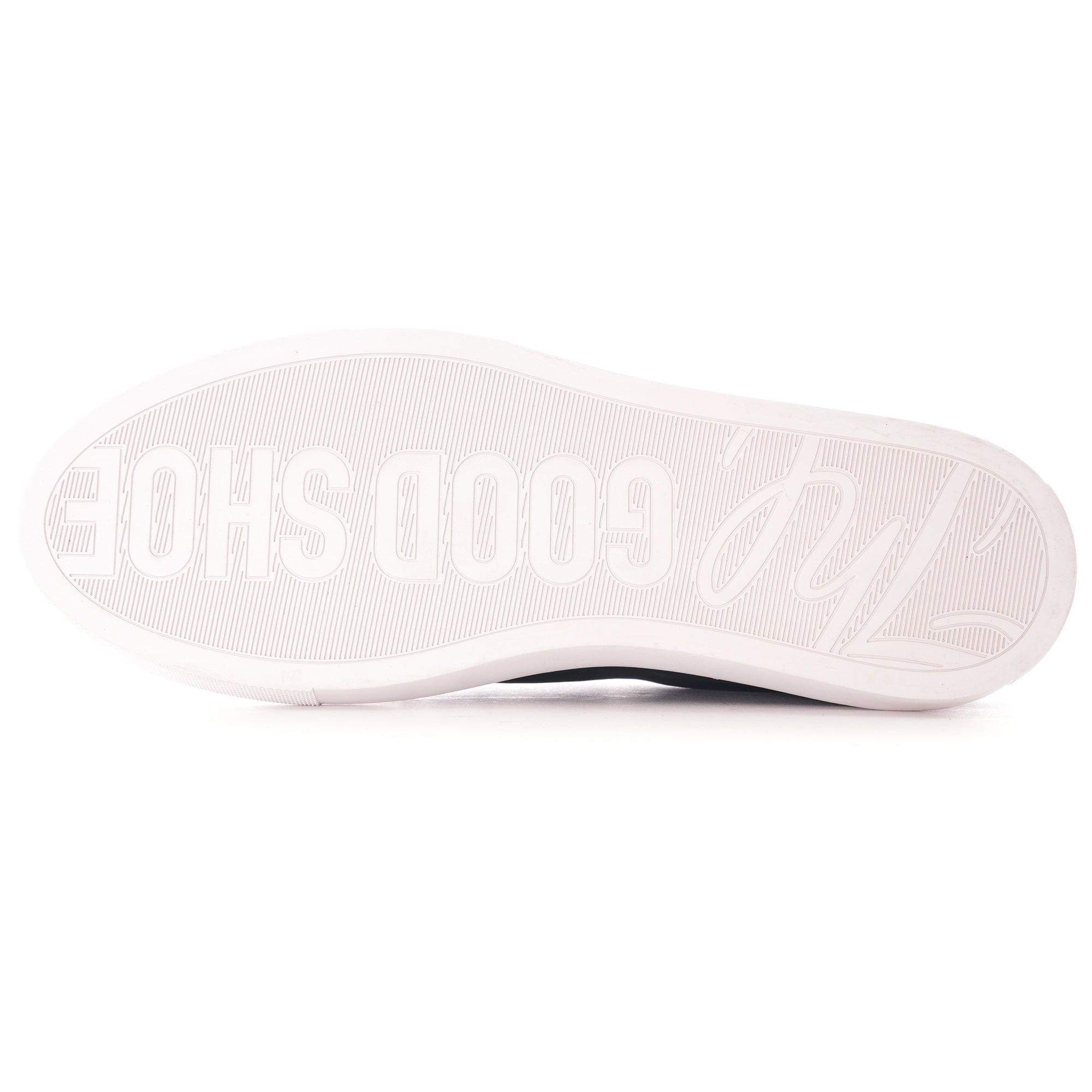 The sole of a dark blue shoe with white embossed text, 'GOOD SHOE'.