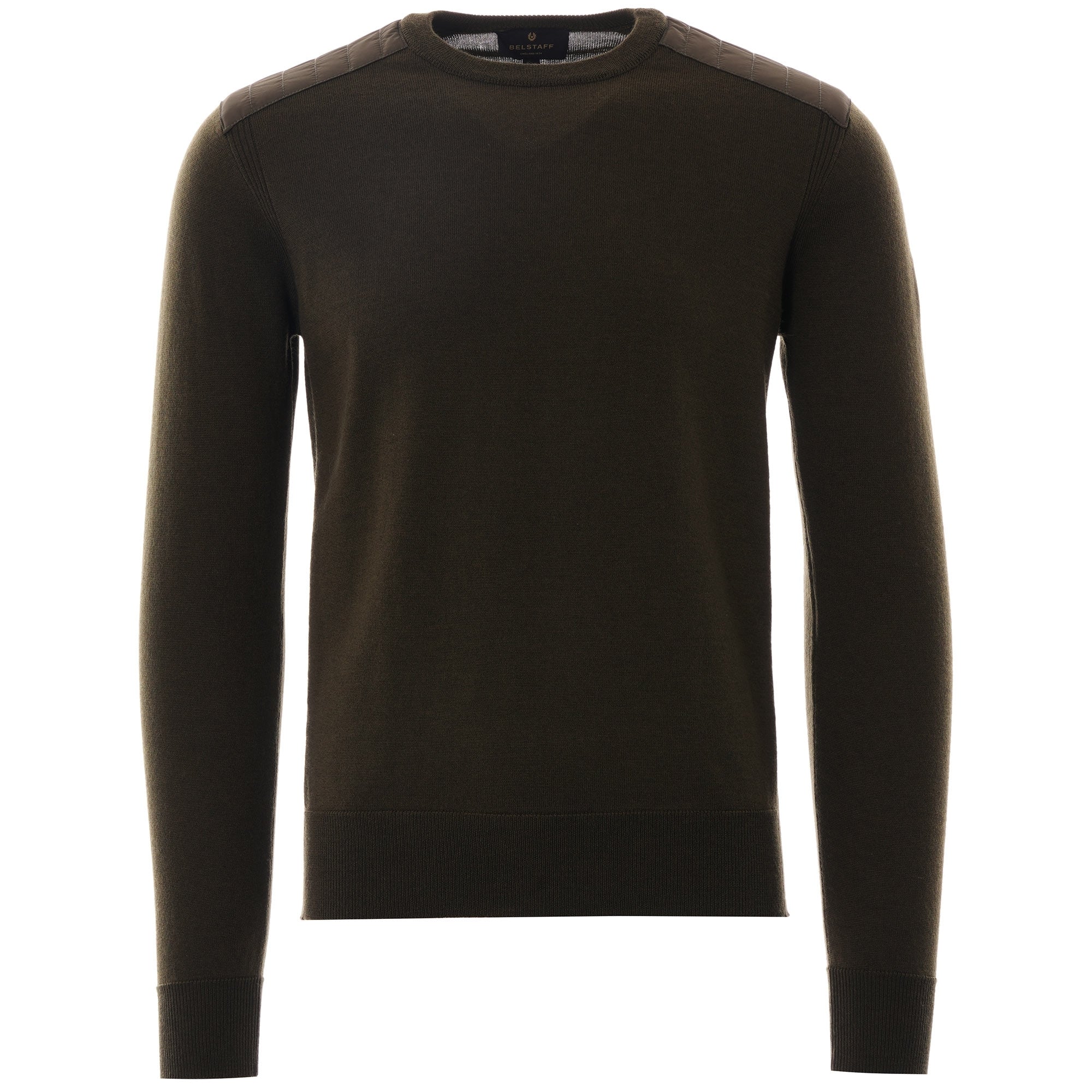Front view of a dark green crew neck jumper with shoulder detailing for men.