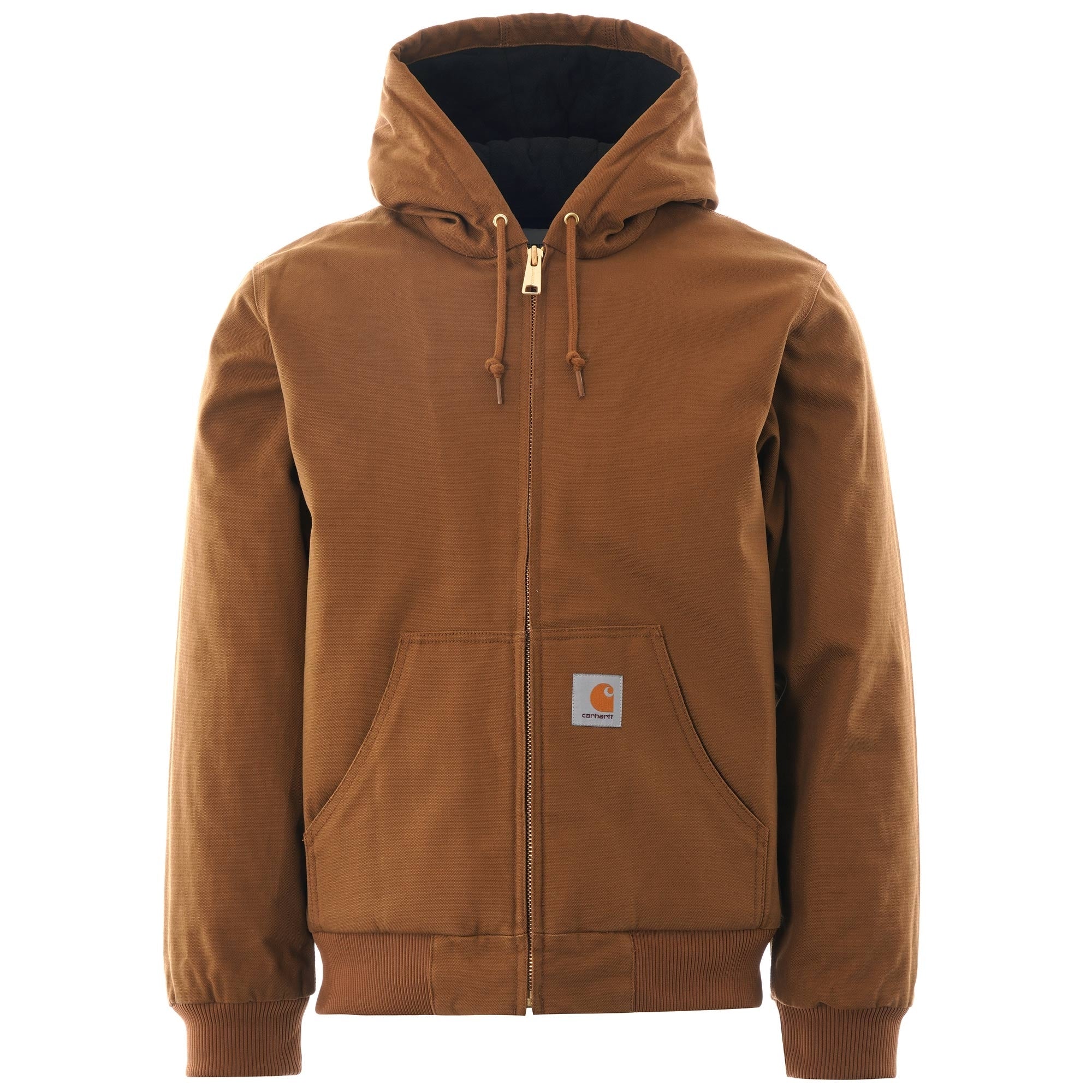 Brown Carhartt jacket with hood, black lining, and gold zip closure.