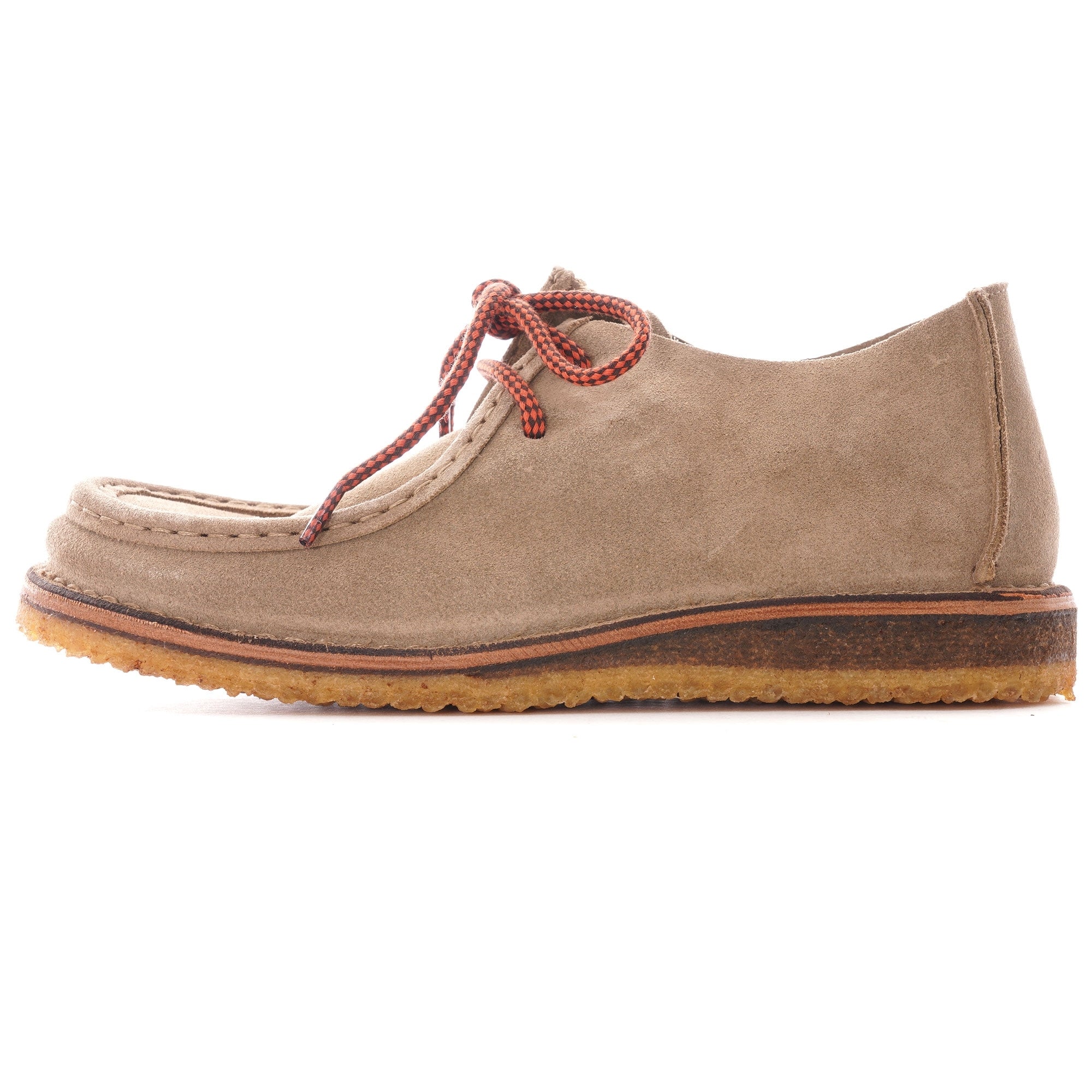 A single taupe suede shoe with red and black laces, viewed from the side.