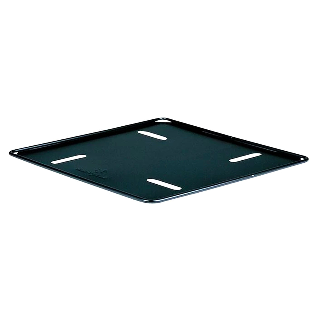 A black base plate, a square with four slotted holes, on a white background.