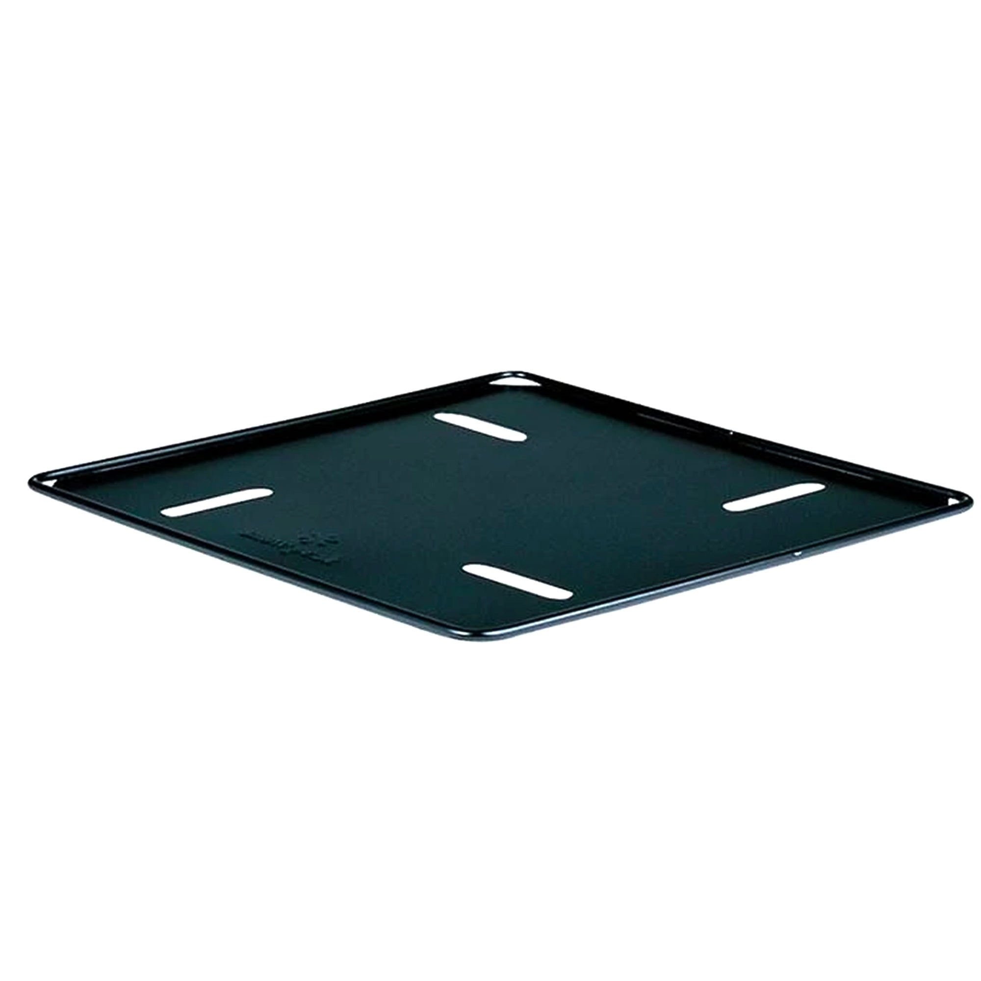A black base plate, a square with four slotted holes, on a white background.
