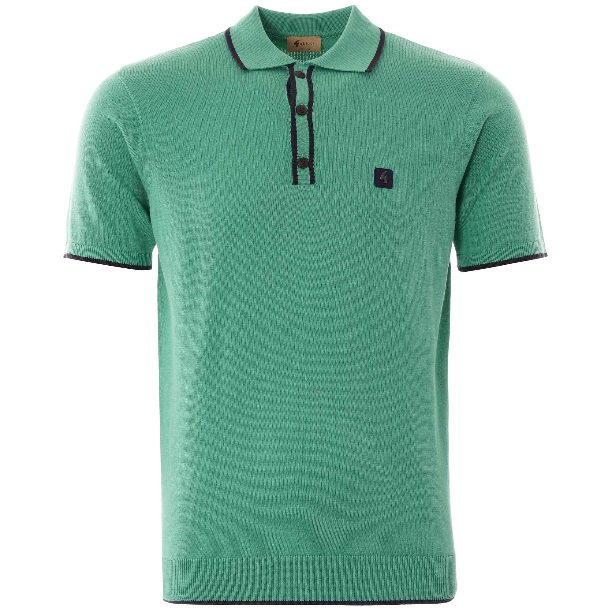 A green knitted polo shirt with dark trim on the collar, placket, and cuffs.