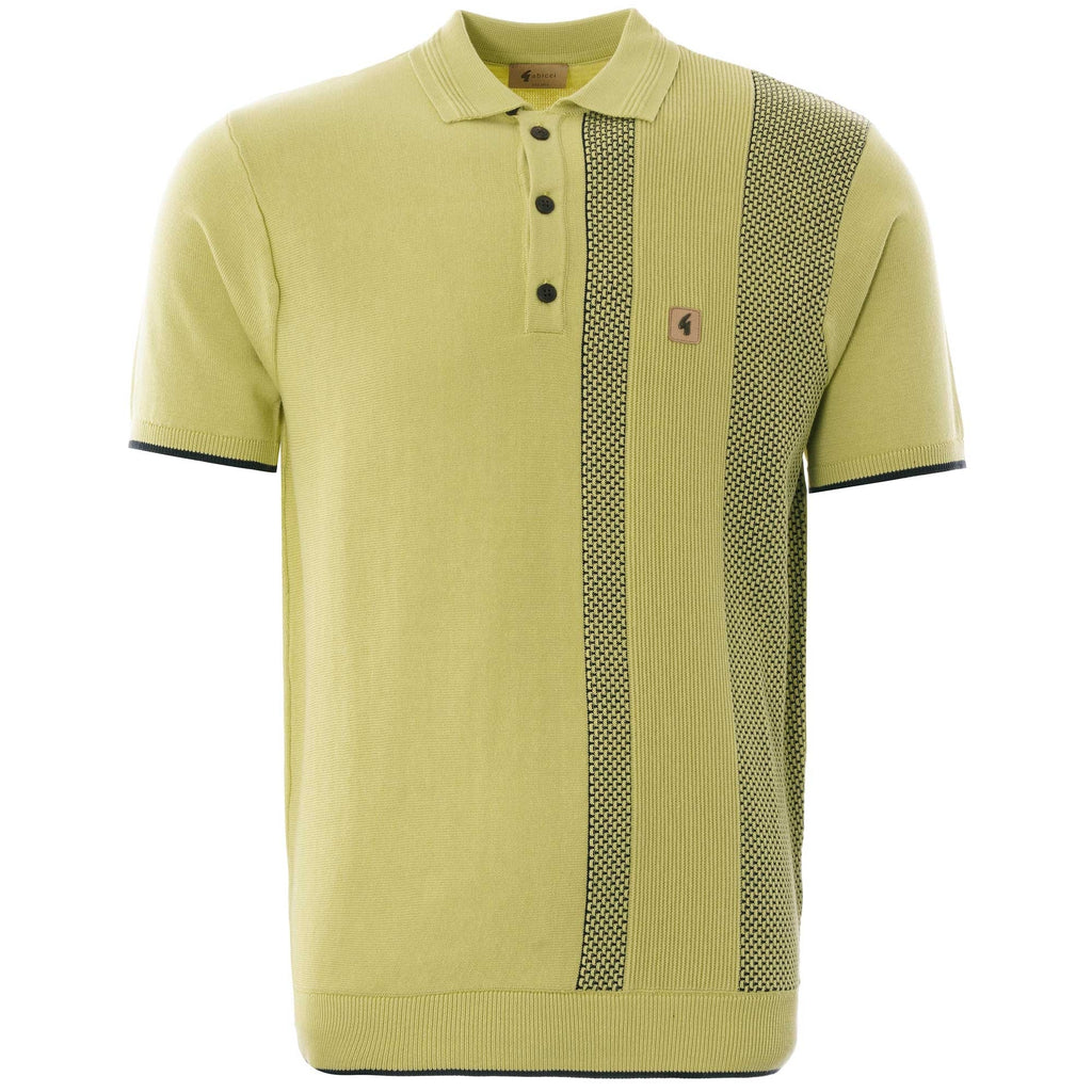 A short-sleeved polo shirt in lime green with a patterned stripe down the right side.