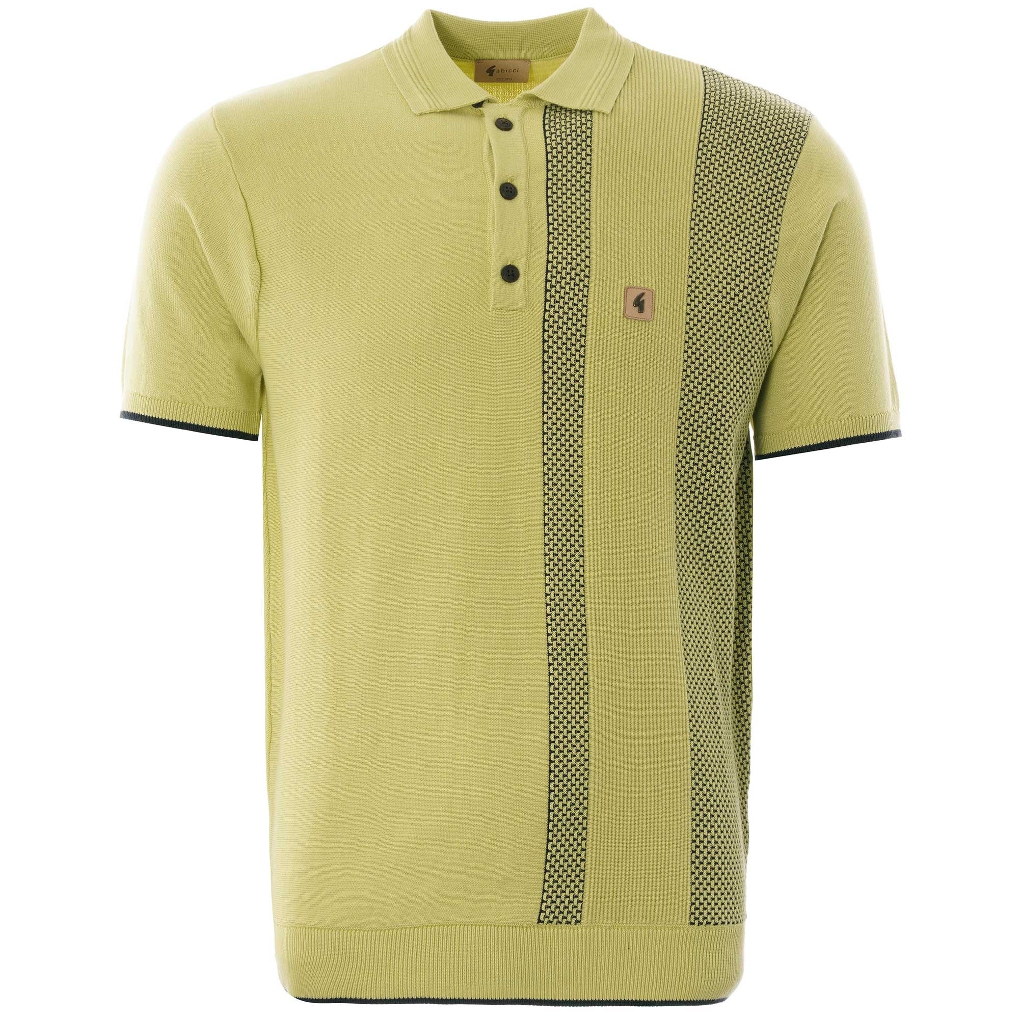 A short-sleeved polo shirt in lime green with a patterned stripe down the right side.