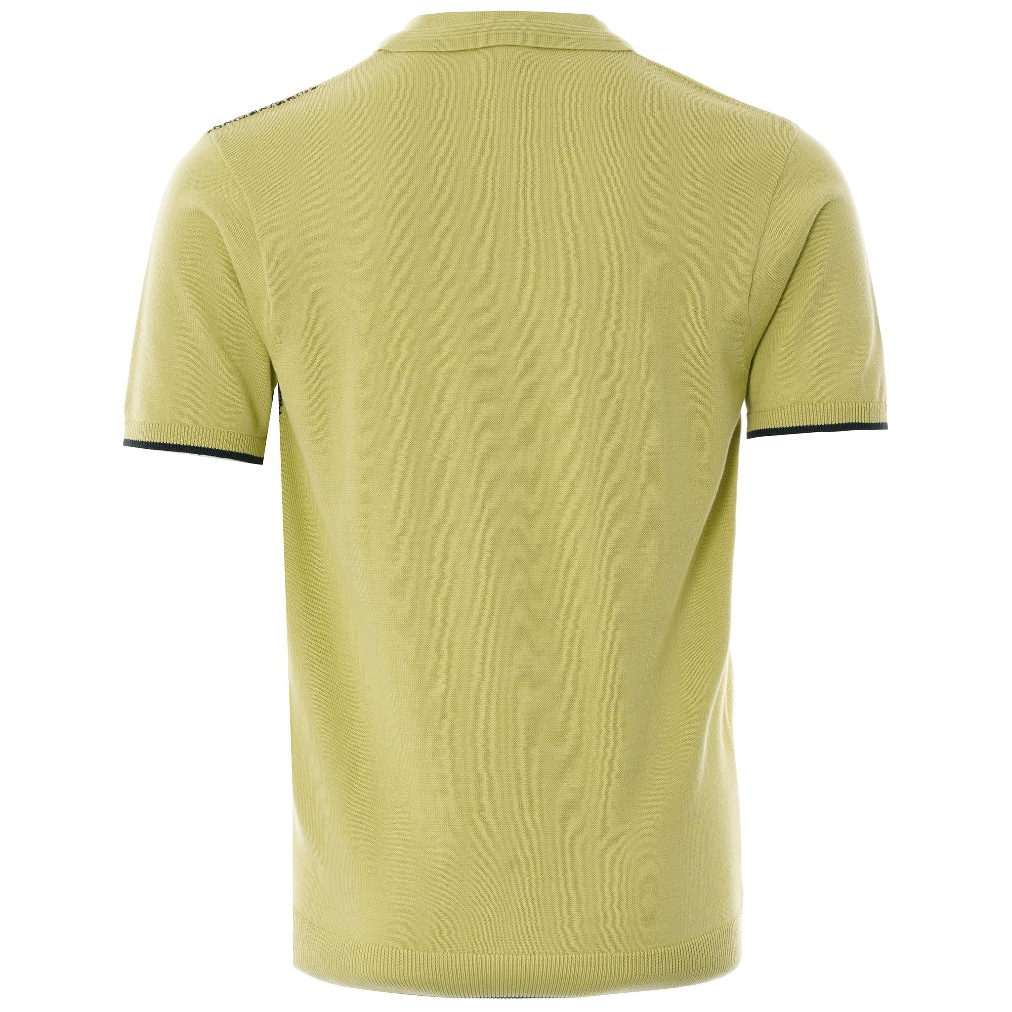 The back of the lime green short-sleeved polo shirt with plain knit.