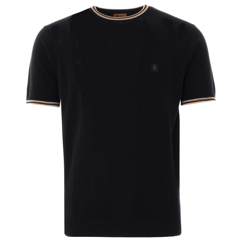 Black short-sleeved knitted top with striped collar and cuffs for men.