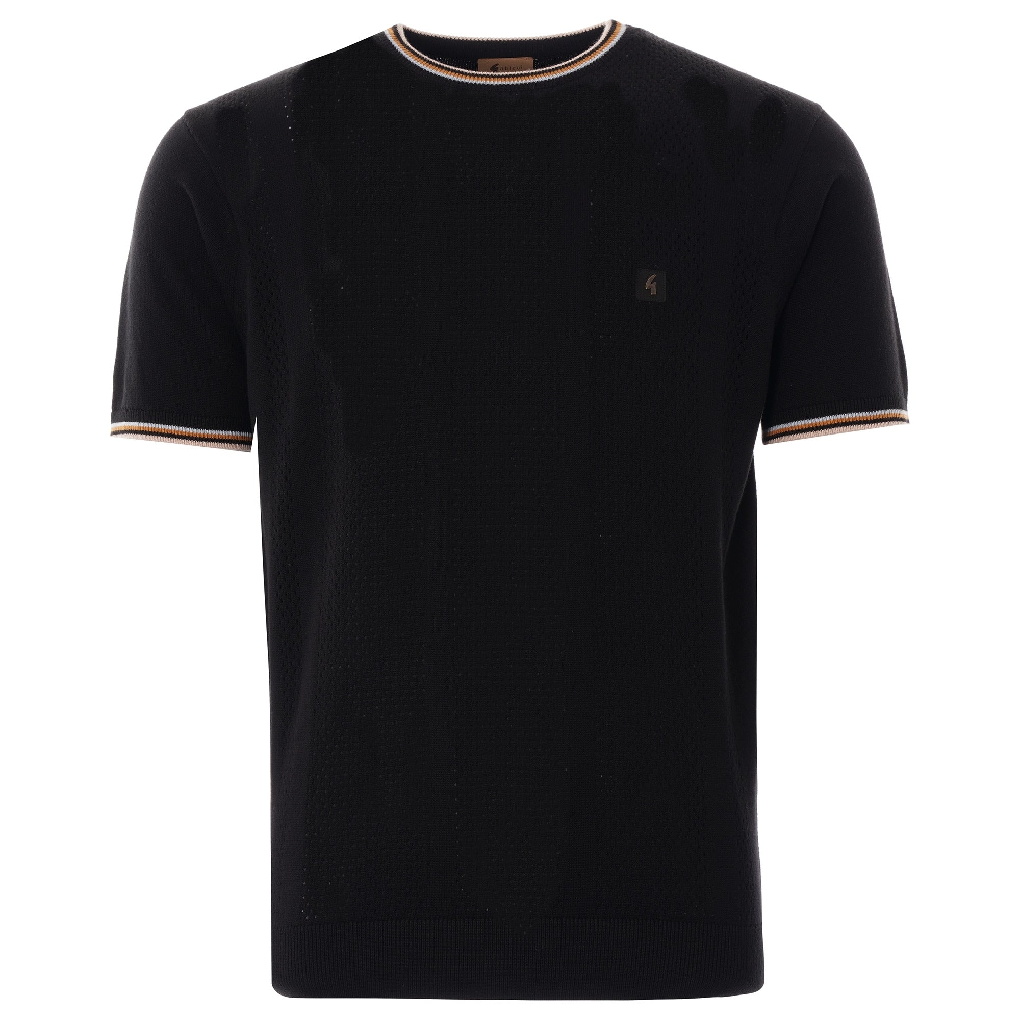 Black short-sleeved knitted top with striped collar and cuffs for men.