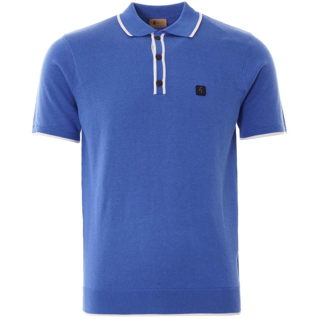 A blue short-sleeved polo shirt with white trim on the collar and sleeves, featuring a three-button placket.