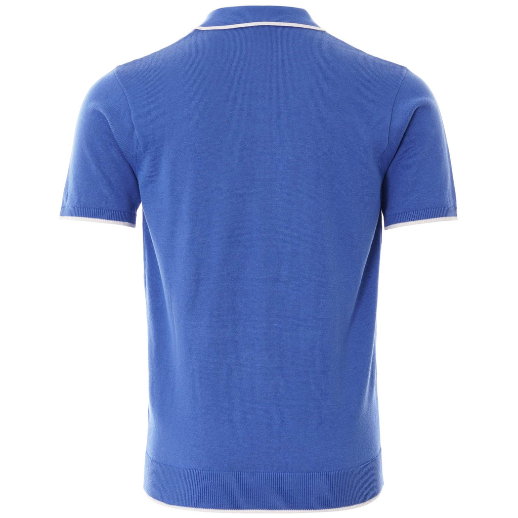 Back view of the blue short-sleeved polo shirt with white trim on the collar and sleeves.