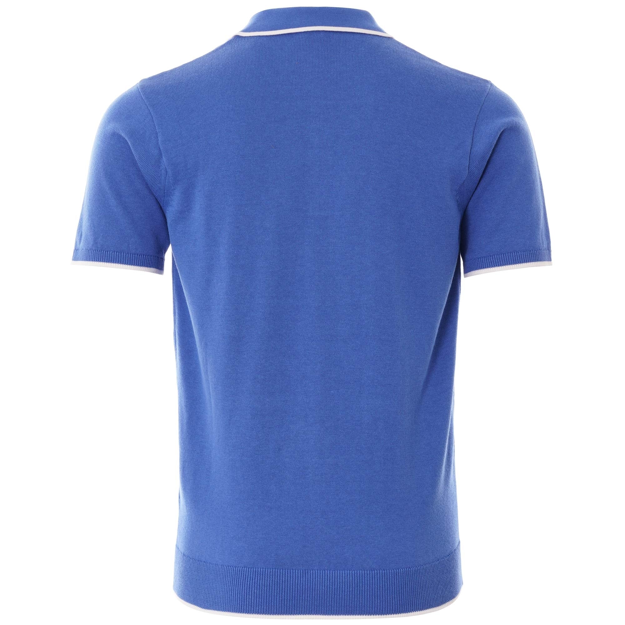 Back view of the blue short-sleeved polo shirt with white trim on the collar and sleeves.