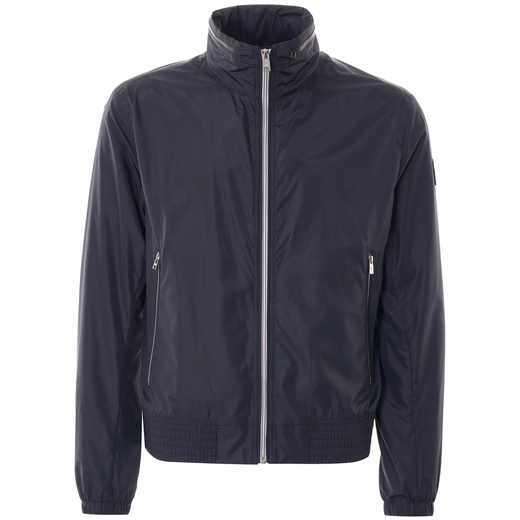A dark navy men's bomber jacket with a full zip front and ribbed cuffs.