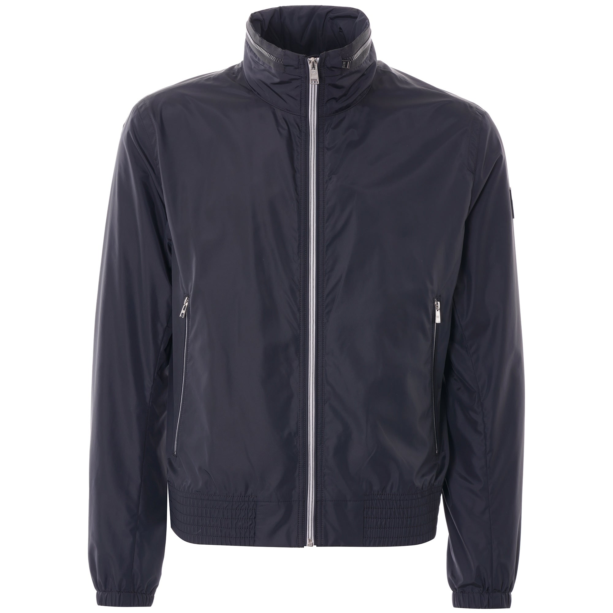 A dark navy men's bomber jacket with a full zip front and ribbed cuffs.