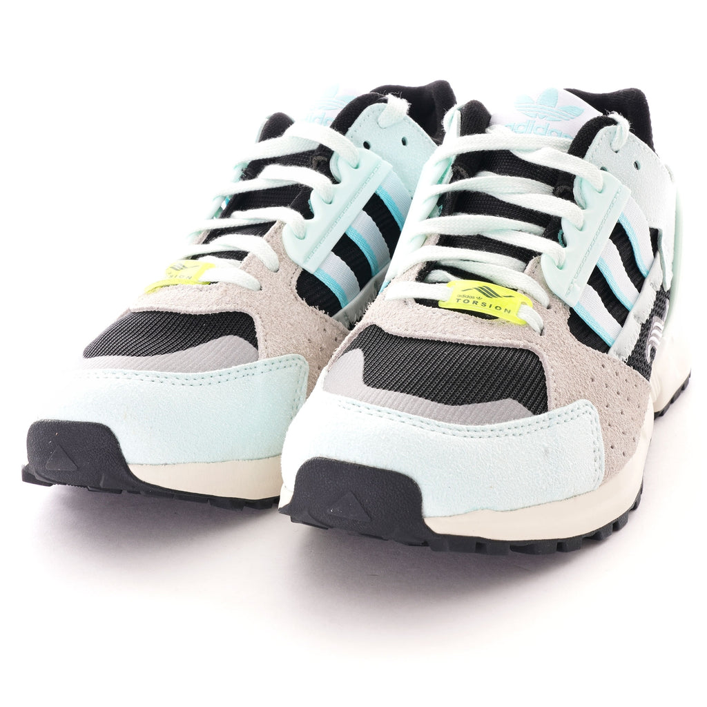 Pair of Adidas ZX 8000 Clear Aqua trainers viewed from the front, white background.