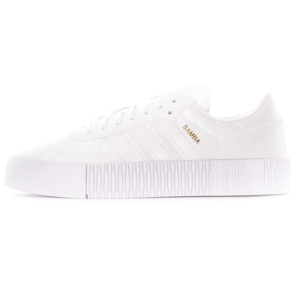 A single white Adidas Sambarose trainer, side view, on a white background.
