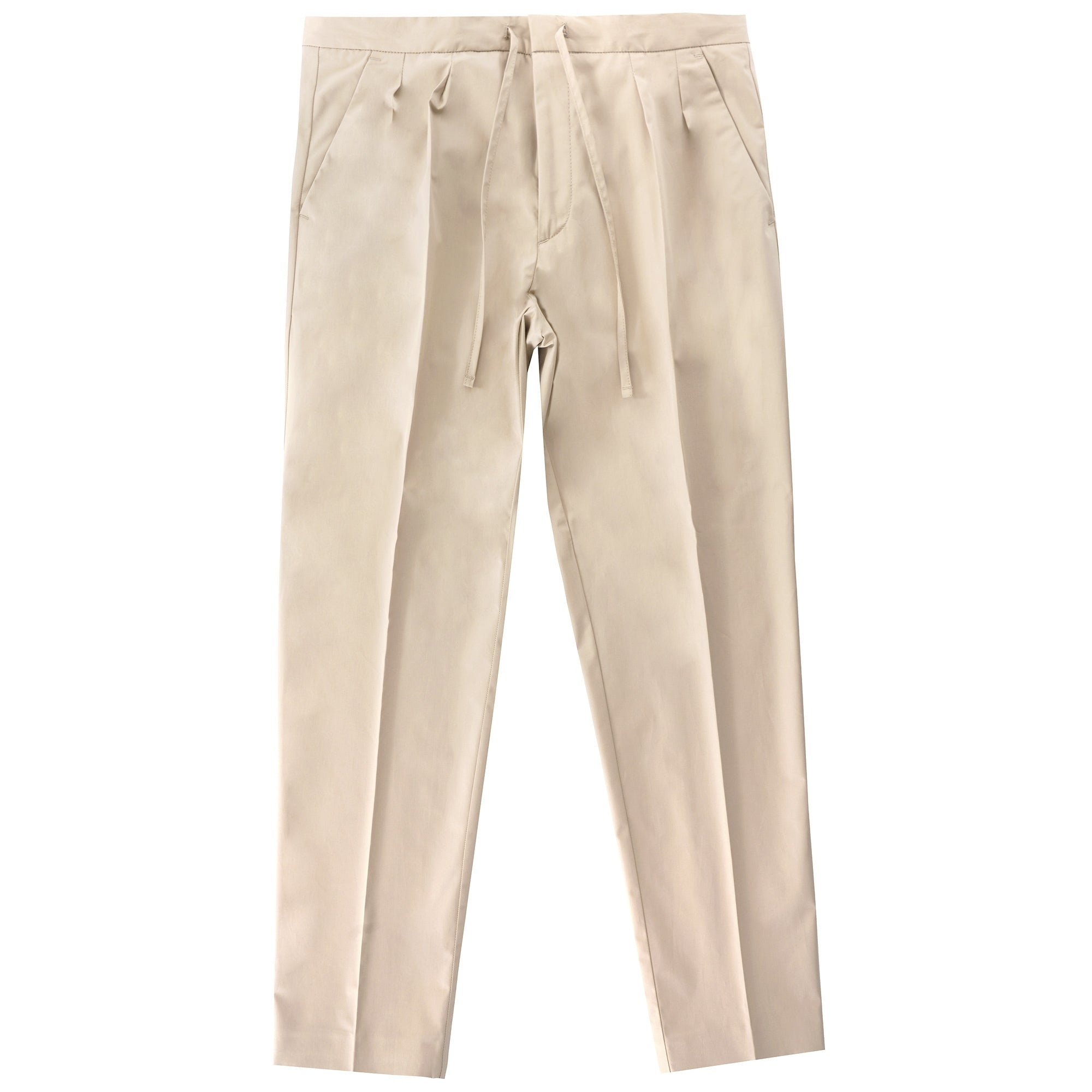 Front view of beige trousers with a drawstring waist.