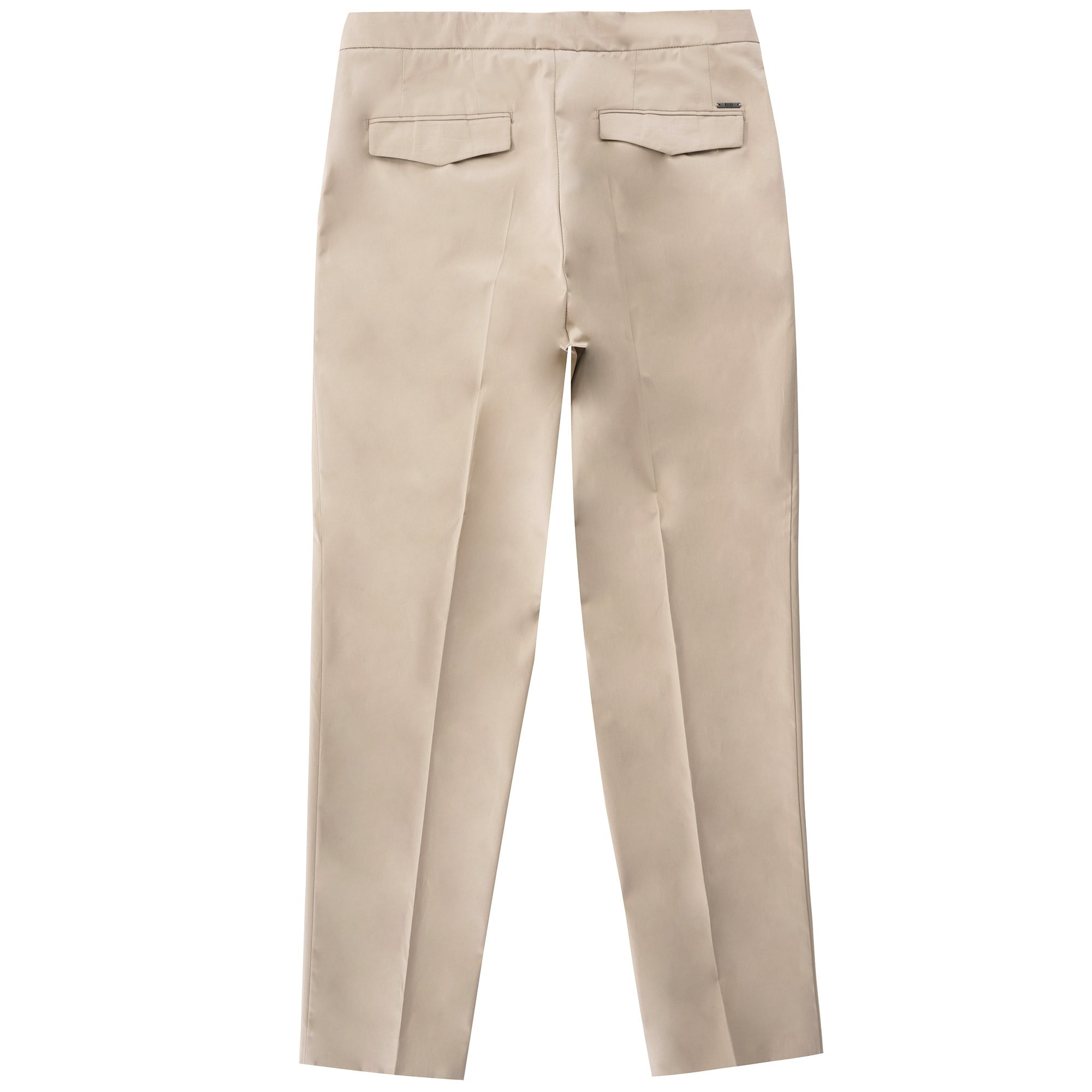 Rear view of beige trousers with two back pockets.