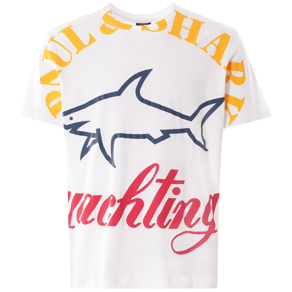 Front view of the Paul & Shark white t-shirt with a shark graphic and logo lettering.