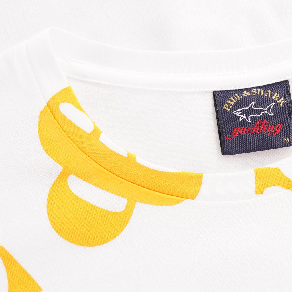 Close-up of the Paul & Shark t-shirt neckline showing the brand label.