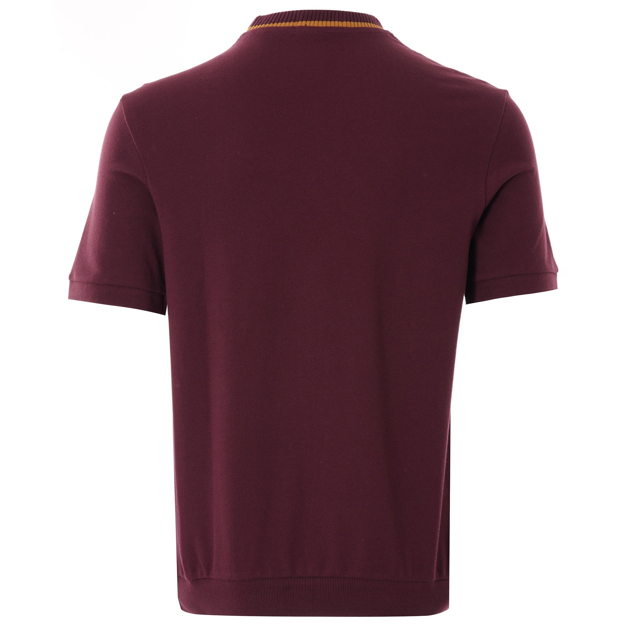 Rear view of the Fred Perry Reissues crew neck t-shirt in mahogany with gold trim.