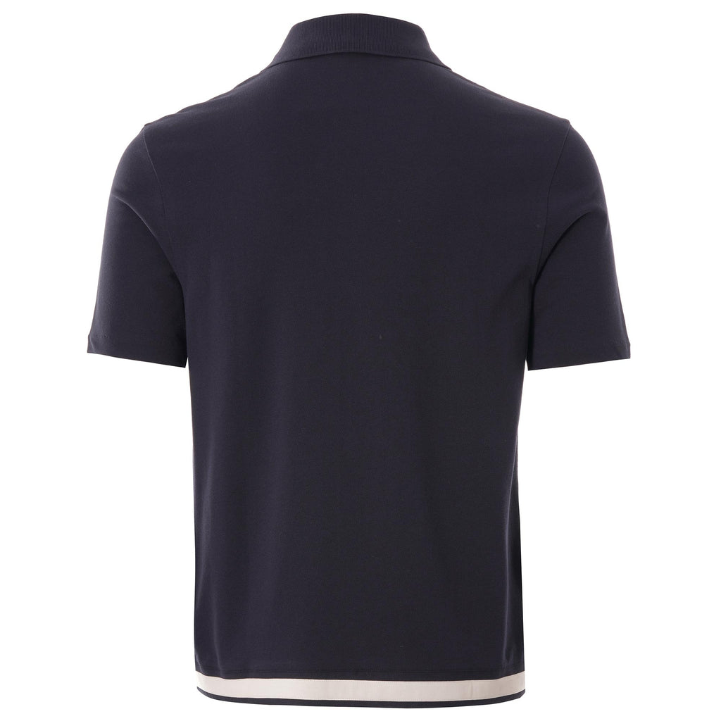 The back of the navy Fred Perry knitted shirt, featuring a white stripe at the hem.