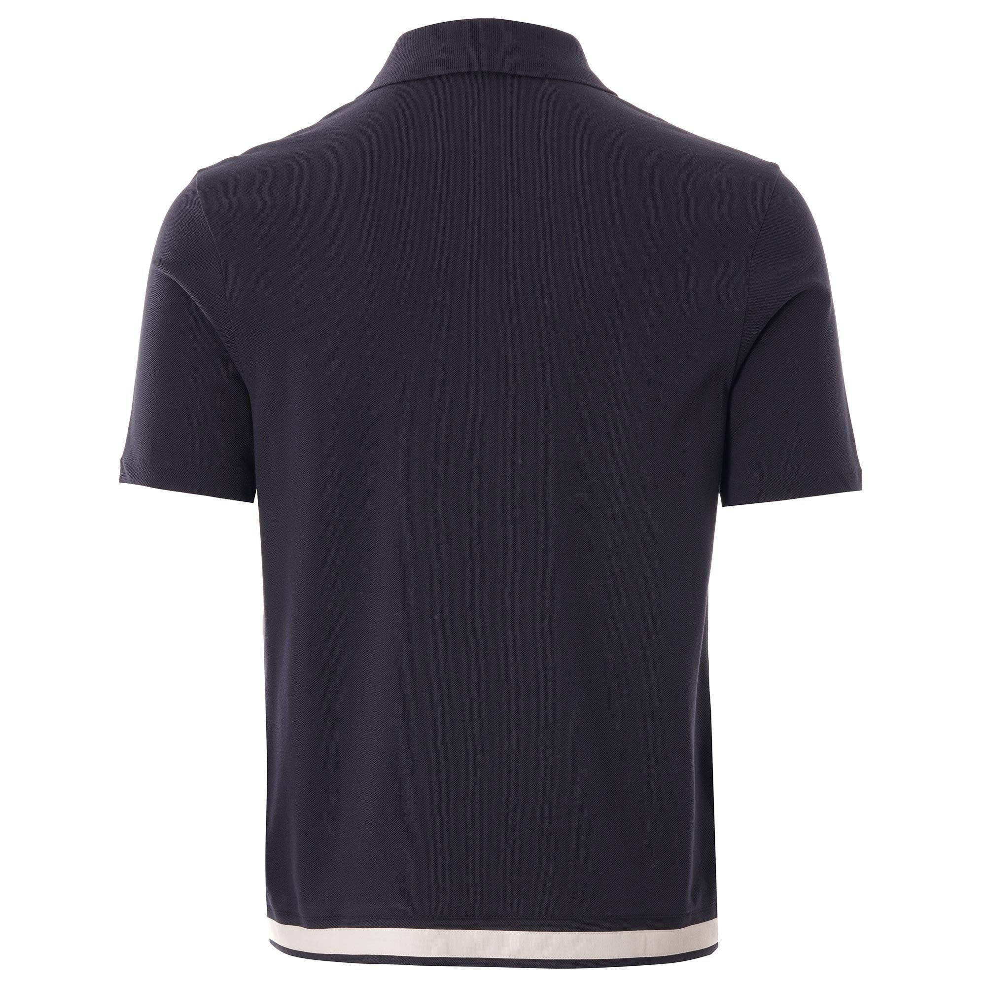 The back of the navy Fred Perry knitted shirt, featuring a white stripe at the hem.