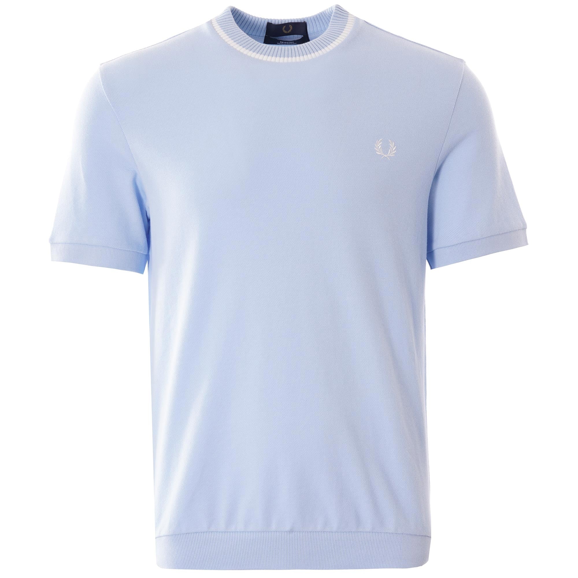 Front view of the Fred Perry Reissues crew neck t-shirt in light blue.