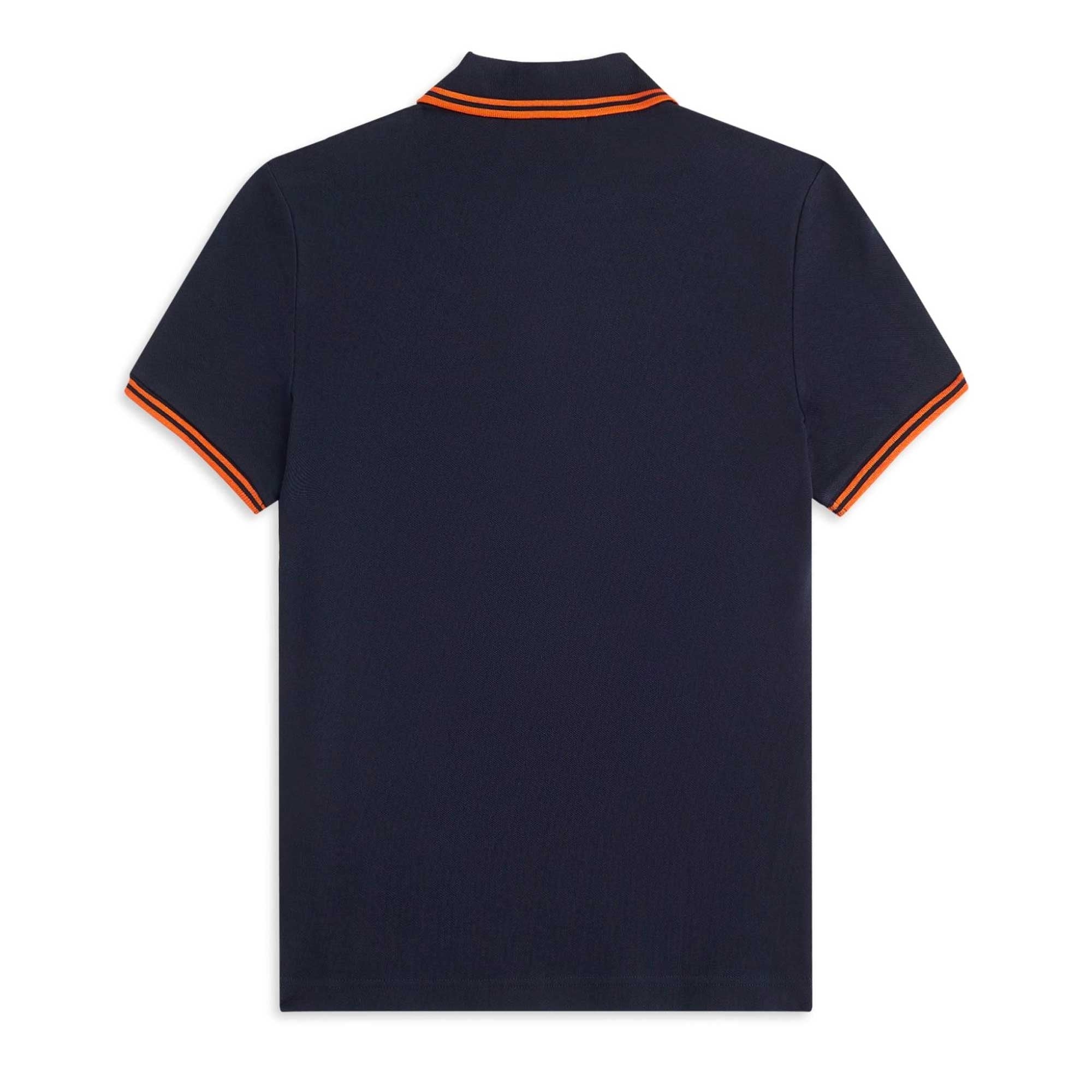 The rear view of a navy polo shirt, with orange tipping on the collar and sleeve cuffs.