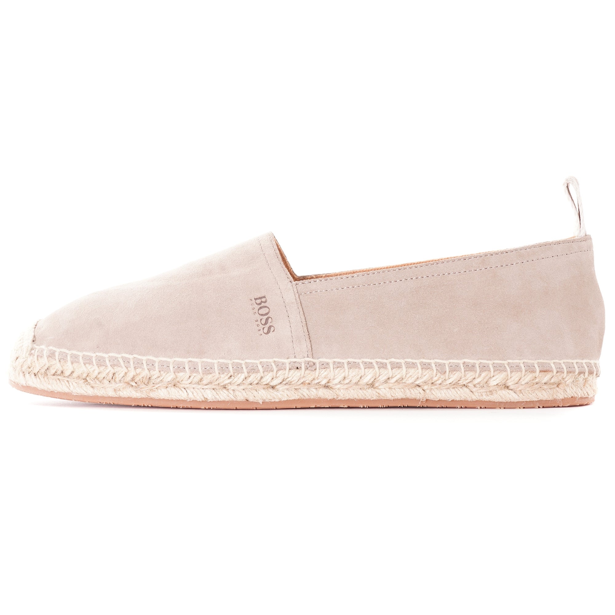 Side profile of a single light beige suede espadrille with a braided jute sole.