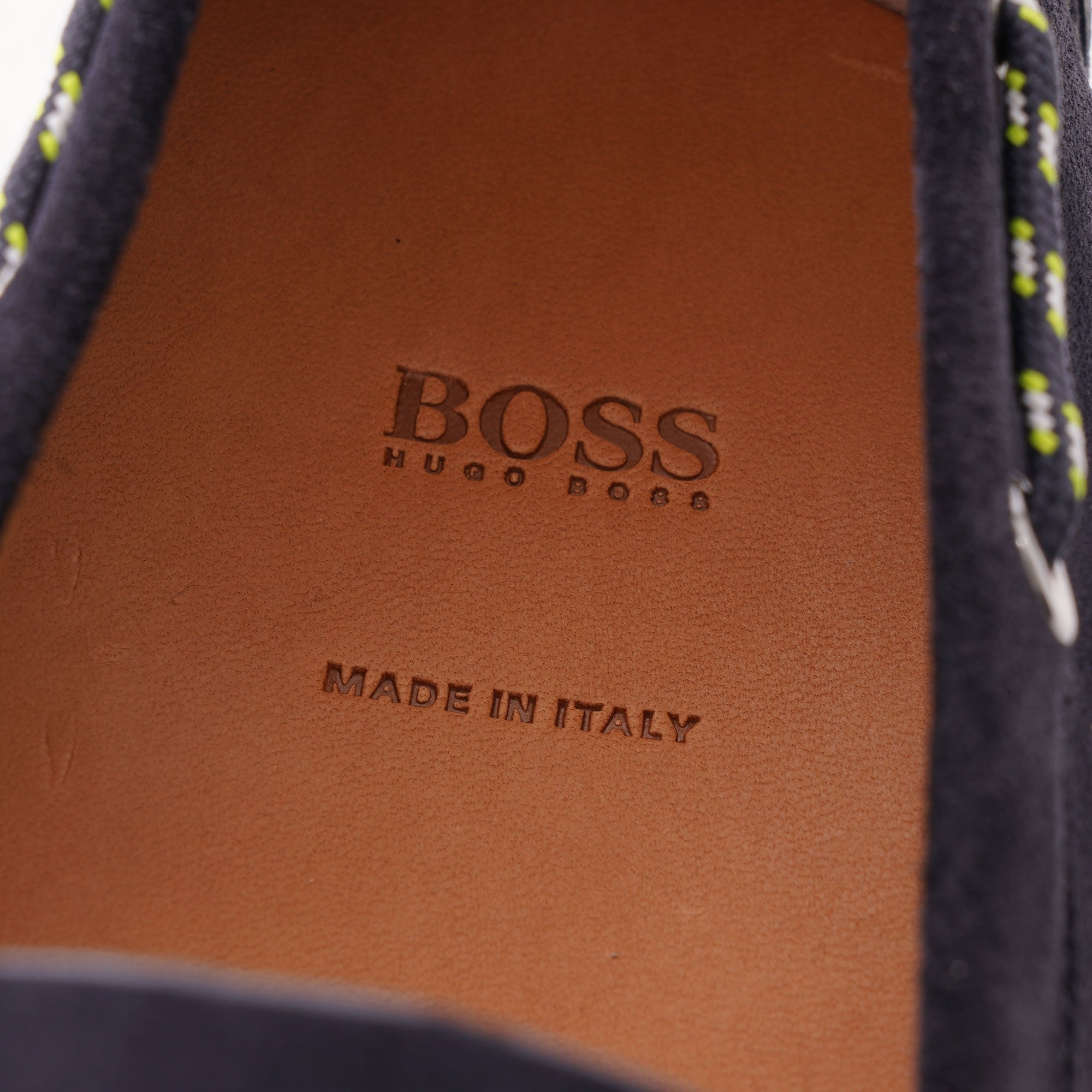 A close-up of the tan leather insole with the BOSS Hugo Boss logo and 'Made in Italy'.