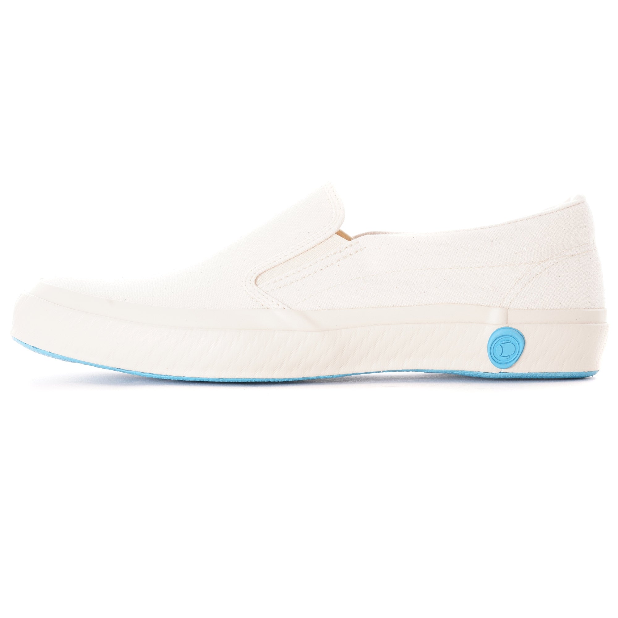 A single white slip-on canvas shoe with a light blue sole is shown from the side.