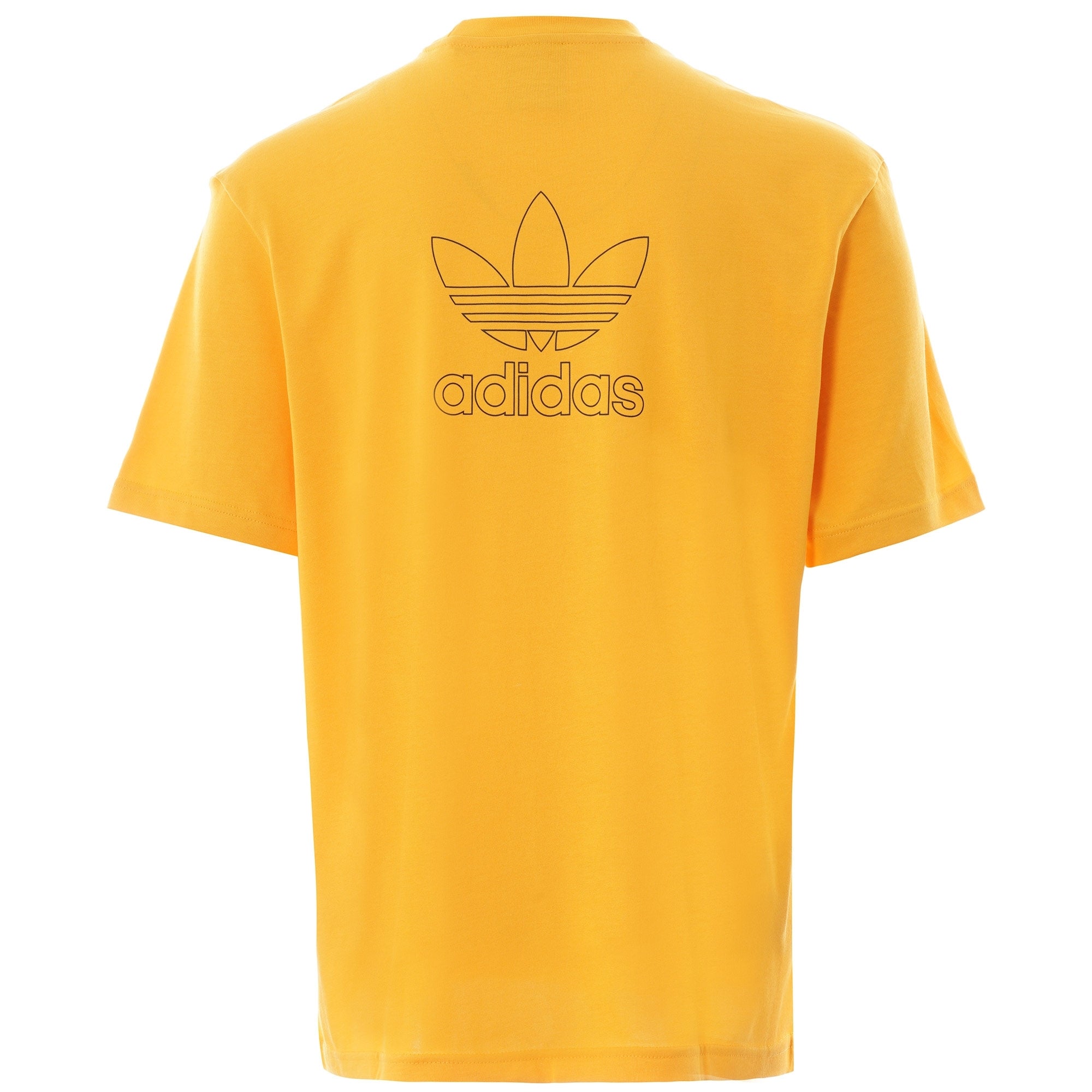 The back of the orange adidas t-shirt, featuring a large outline of the trefoil logo.