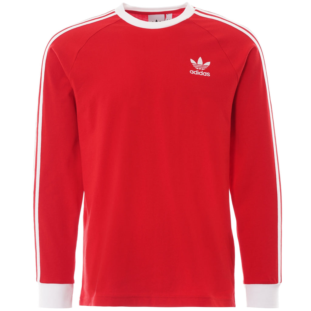 Adidas Adicolor Classics 3-Stripes Long Sleeve Tee in vivid red, front view.