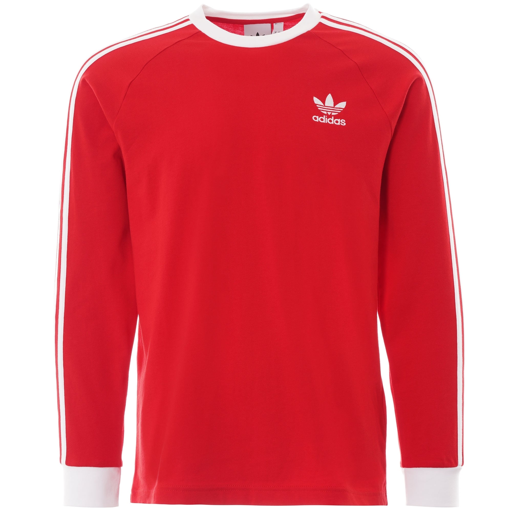 Adidas Adicolor Classics 3-Stripes Long Sleeve Tee in vivid red, front view.