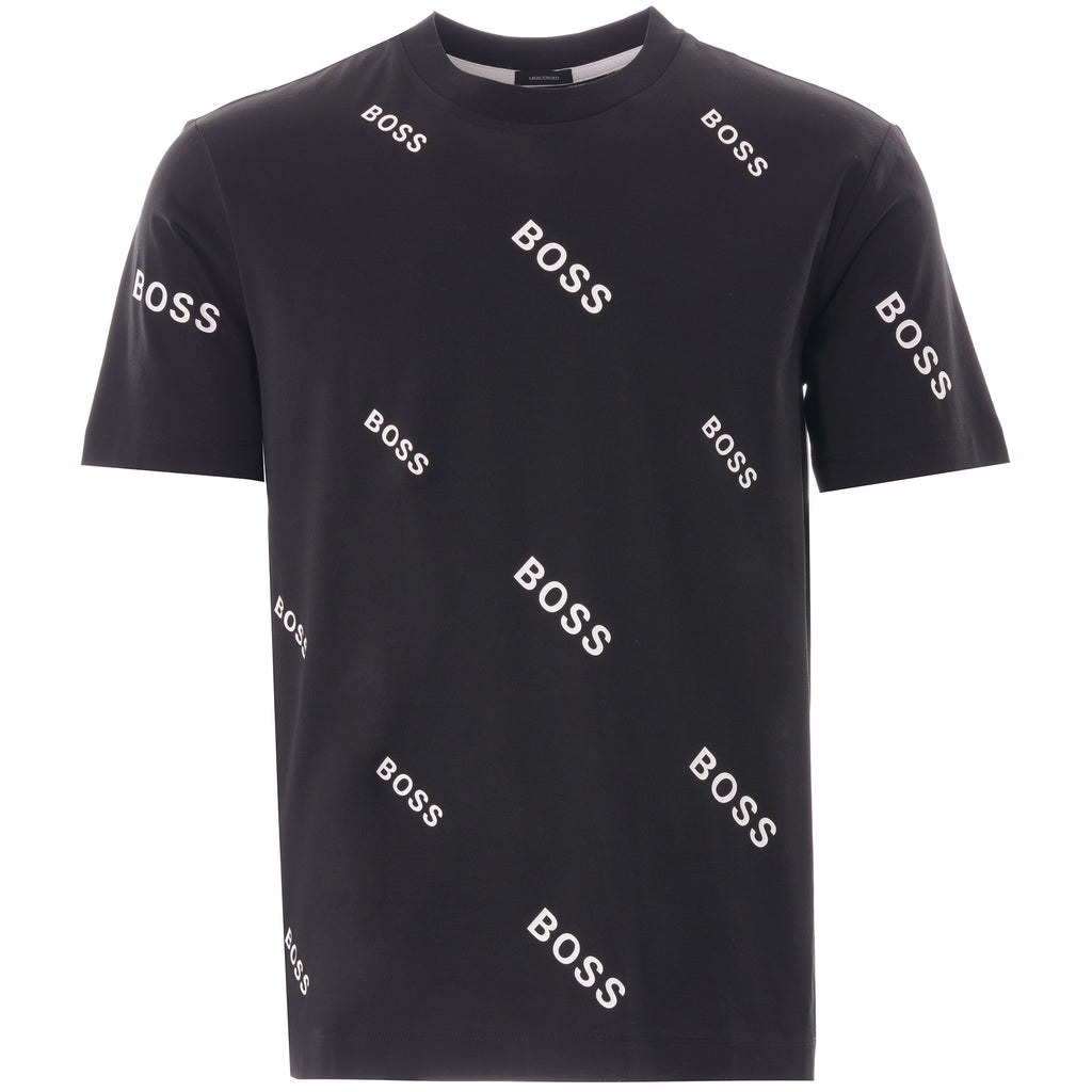 Black BOSS t-shirt with white diagonal BOSS logos scattered across the entire front.