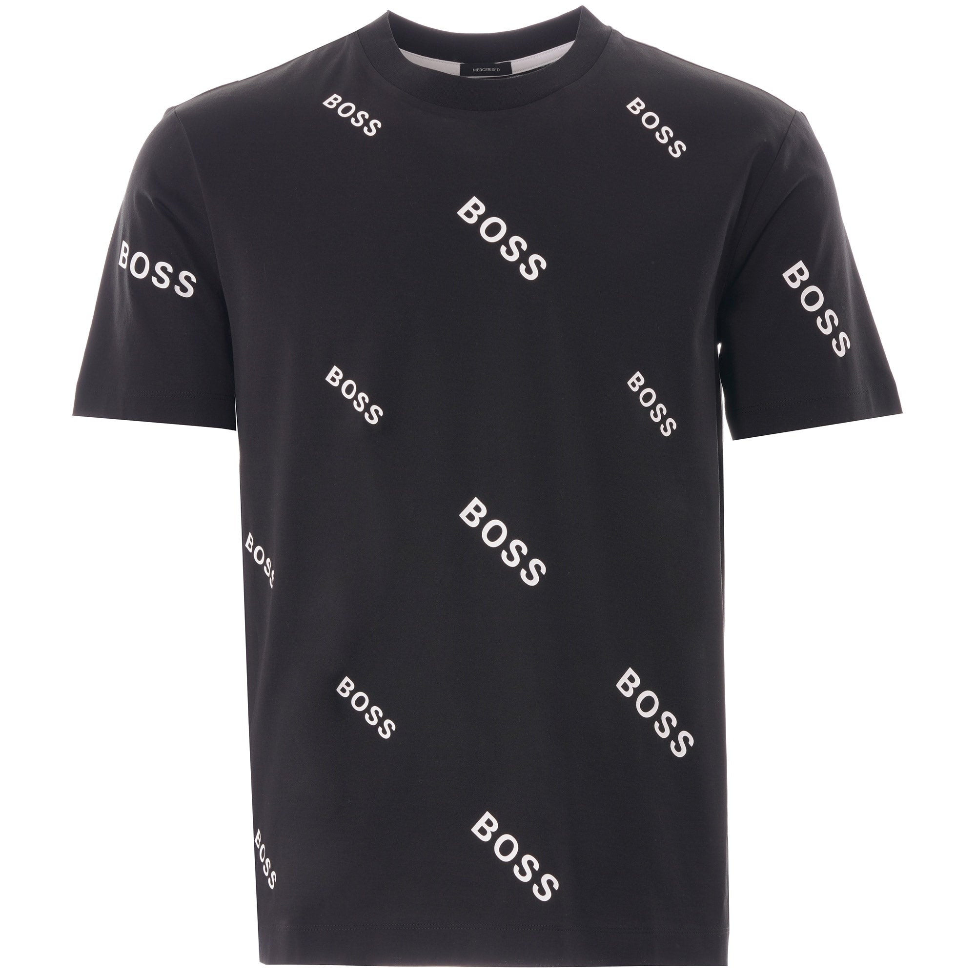 Black BOSS t-shirt with white diagonal BOSS logos scattered across the entire front.
