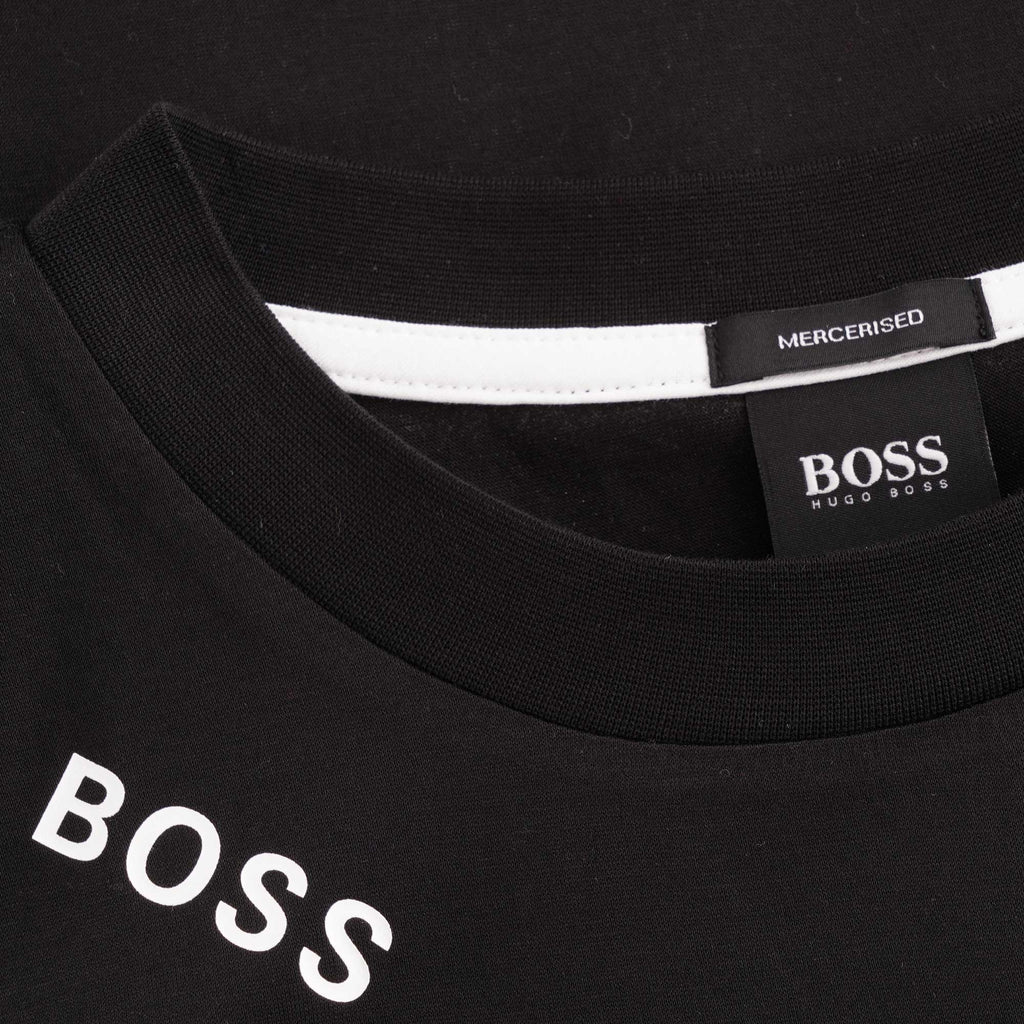 Close-up of the black BOSS t-shirt's collar, showing the 'MERCERISED' and 'BOSS' labels.