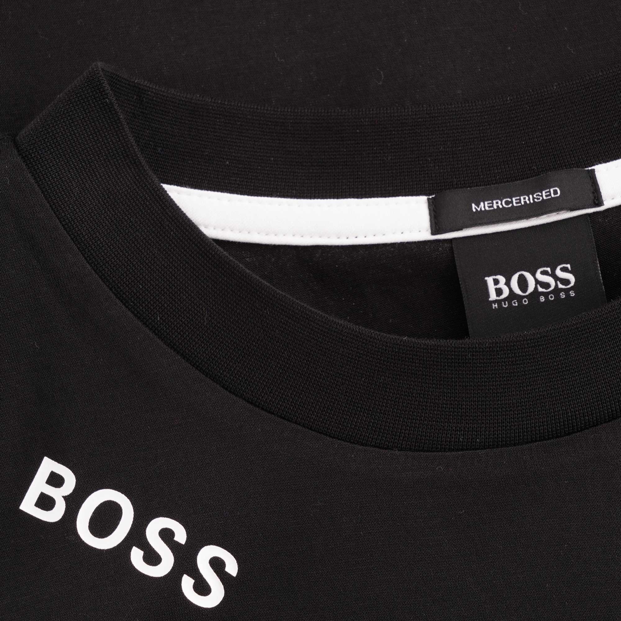 Close-up of the black BOSS t-shirt's collar, showing the 'MERCERISED' and 'BOSS' labels.