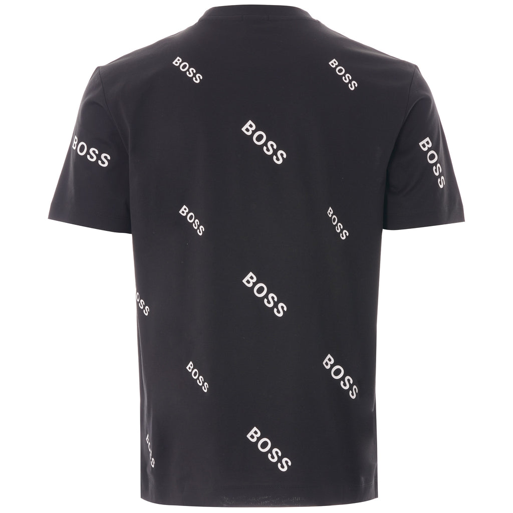 Back view of the black BOSS t-shirt with white diagonal BOSS logos scattered.