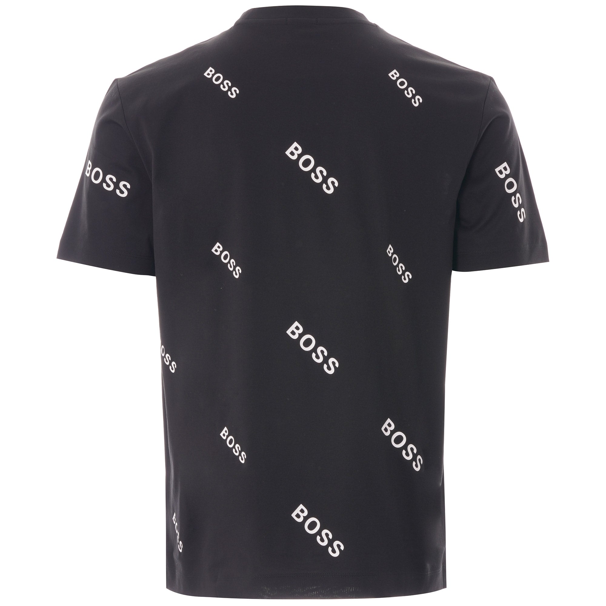 Back view of the black BOSS t-shirt with white diagonal BOSS logos scattered.