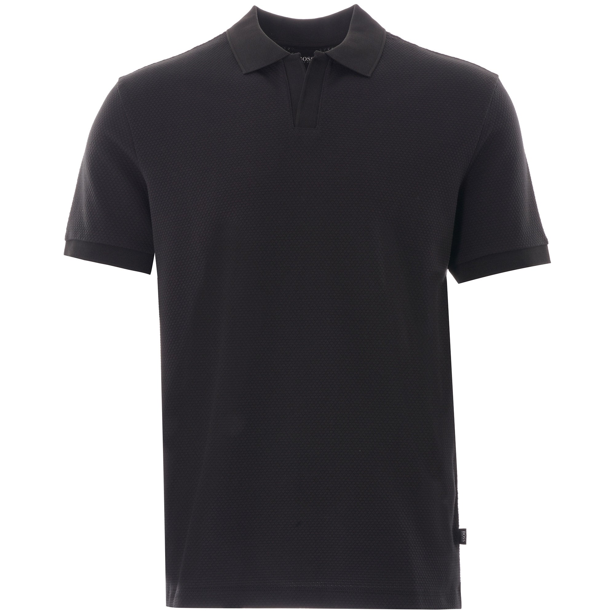 Black polo shirt with short sleeves and a classic collar.