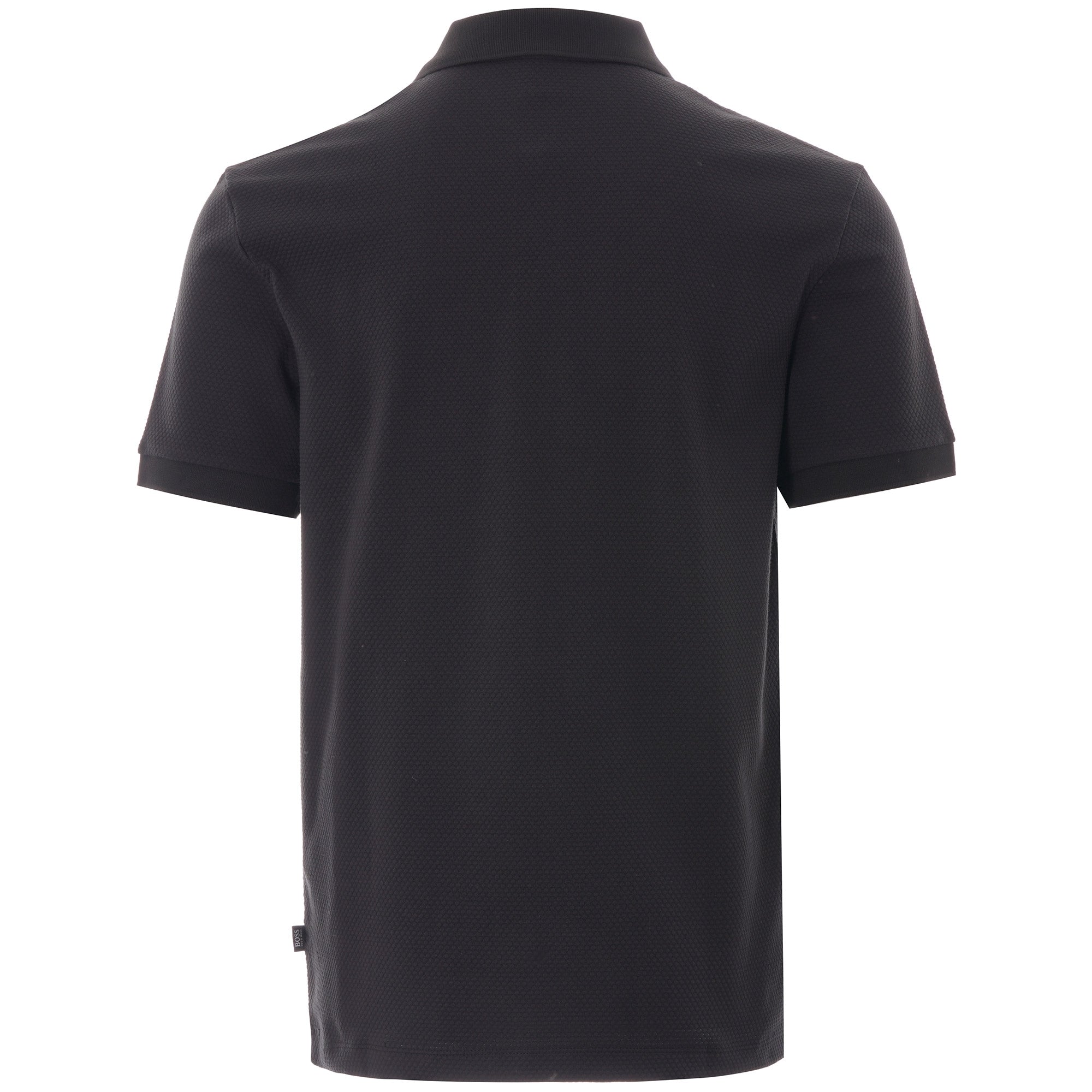 Rear view of a black polo shirt, showcasing its simple, clean design.