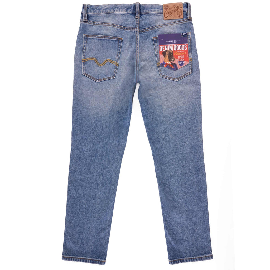 Back view of light blue denim jeans, showing pockets and brand labelling.