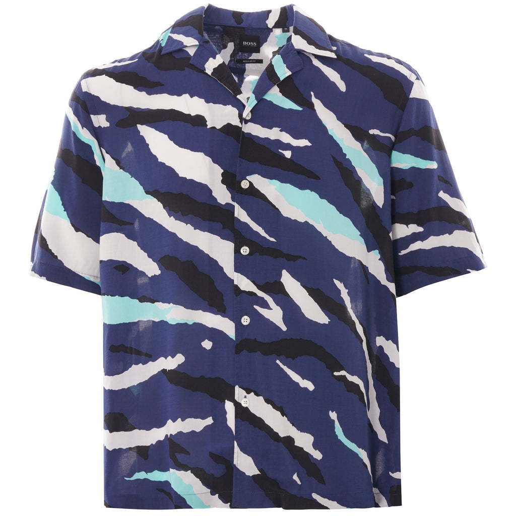 Boss Seasonal Print Camp Collar Shirt - Dark Blue
