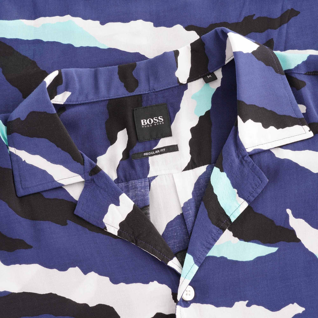 Boss Seasonal Print Camp Collar Shirt - Dark Blue